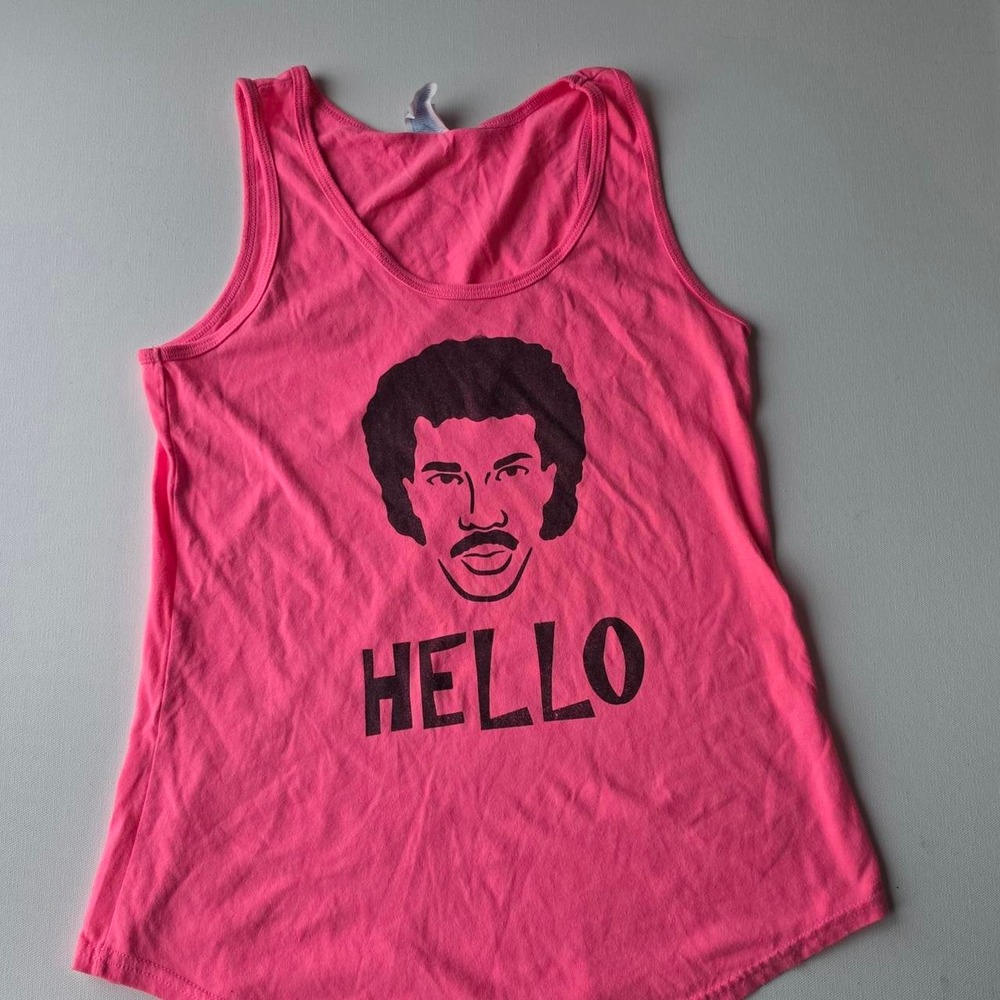Port & Company Lionel Richie Hello Graphic Racerback Tank Top Pink Womens Medium